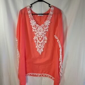 Adreamly Womens Coral Orange Chiffon Kaftan‎ Swimsuit Cover Up Pom Pom Lace Med